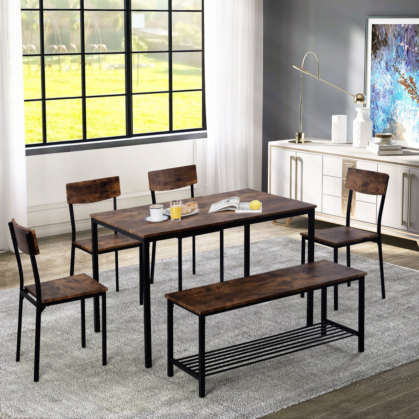 Dining Table Chair And Bench Set 6 Wood Steel Frame Industrial Style Kitchen Dining Table Set