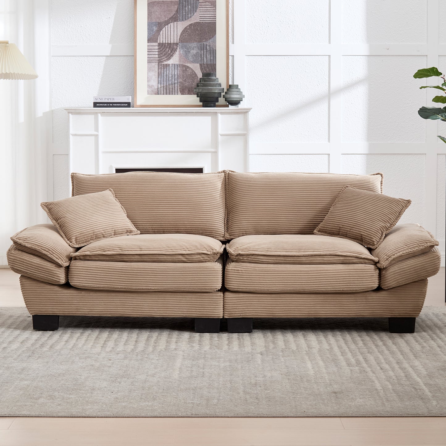 A Modern, Simple Double Sofa With A Feather Bed, Which Reaches A Pillow, Is Cosy, But Spacious And Spacious In The Living Room Bedroom Office, Khaki