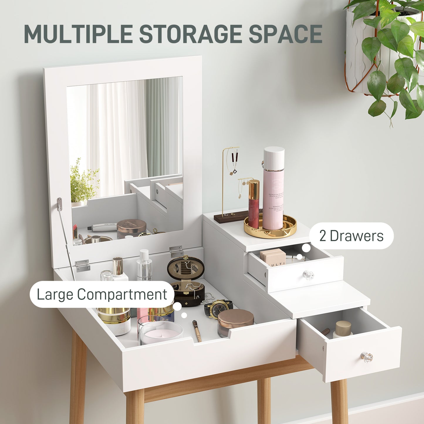 Dressing Table With Flip-up Mirror, Makeup Desk With 2 Drawers And Pine Wood Legs, Vanity Table Writing Desk For Bedroom Living Room, White