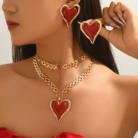 Cross-Border European American Jewelry Set For Women, Unique Exaggerated Heart Enamel Drop Earrings & Matching Clavicle Necklace, Versatile Fashion Neck Ear Jewelry