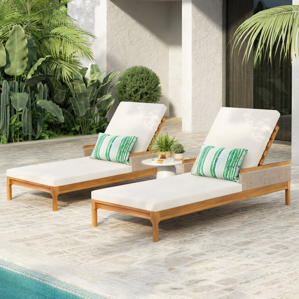 76.8  Solid Acacia Wood Sun Chaise Lounger Set Of 2, Outdoor Patio Furniture With Beige Cushions And Light Grey Wicker For Garden, Deck, Poolside Relaxation,Natural  Beige Cushion