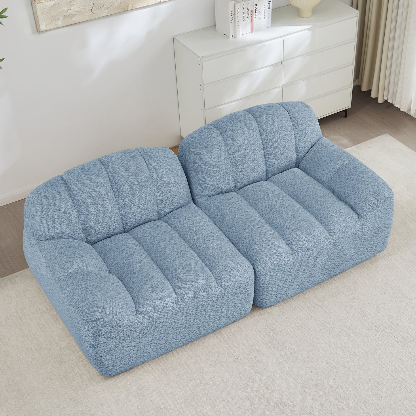2 Seater Modular Boneless Sofa, Shell Shape, Deep Seat Cushions, Sofa For Living Room & Apartment, No Setup Required, Blue