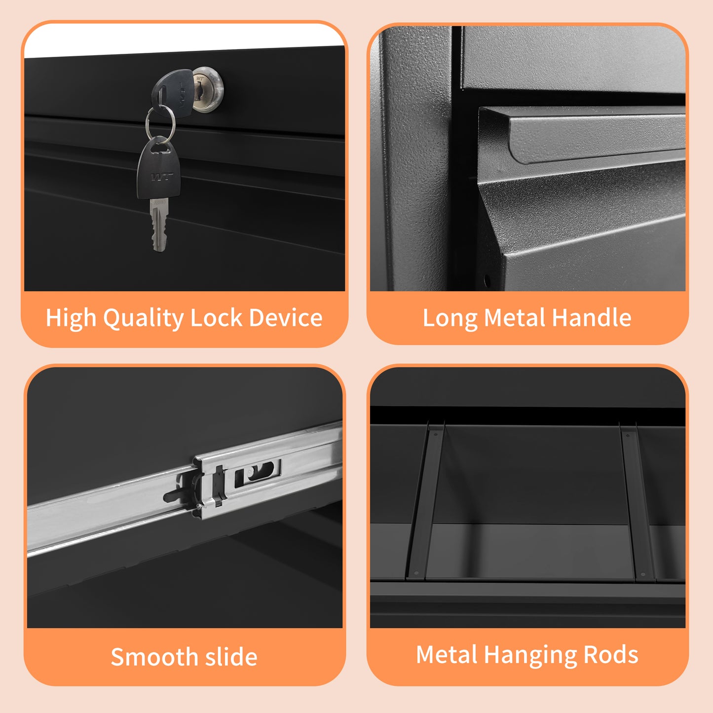 Lateral File Cabinet 4 Drawer, Black Filing Cabinet With Lock, Lockable File Cabinet For Home Office, Locking Metal File Cabinet For Legal Letter A4  F4 Size