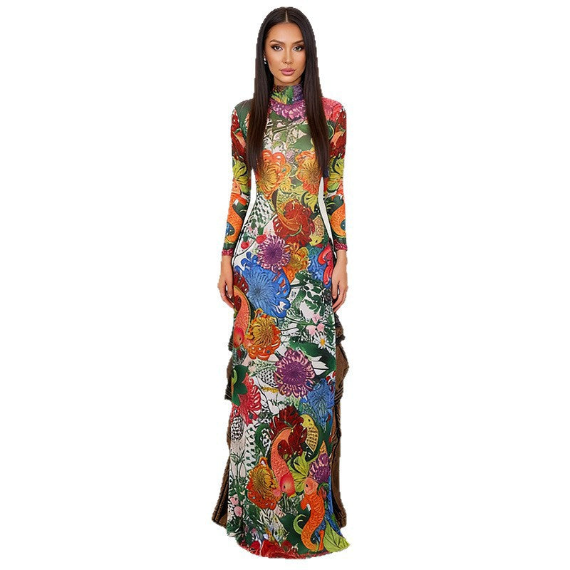 Womens Fashion Printed Long-sleeve Mock-neck High-slit Dress