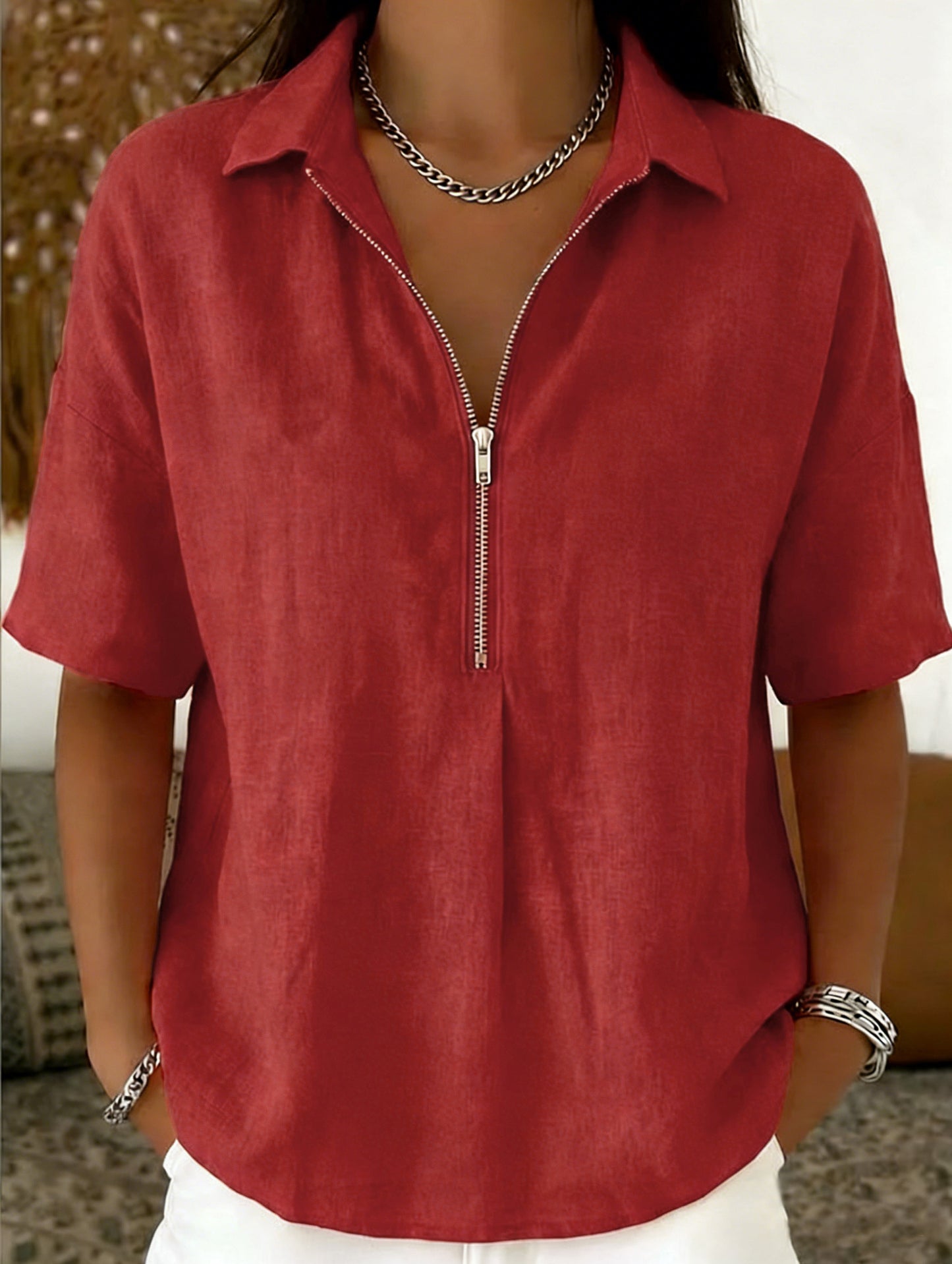 Womens Fashion Solid-color Zip-up Short-sleeve T-shirt
