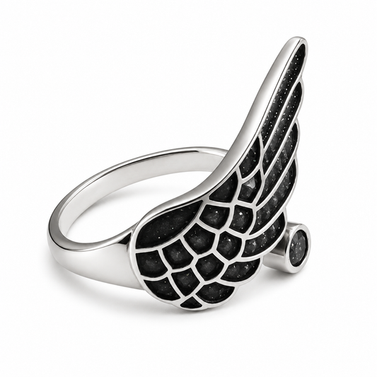 Angel Wing Black Sandstone Inlay Open Adjustable Ring For Men Women, Copper Plated Silver Vintage Gothic Biker Statement Daily Jewelry Gift