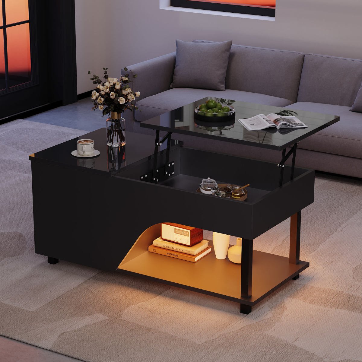 50 X 100 X 46cm Height Adjustable Living Room Coffee Table,Side Table With Hidden Storage,Openwork Coffee Table,High Gloss LED Sofa Table,Tea Table With Side Shelf,Black