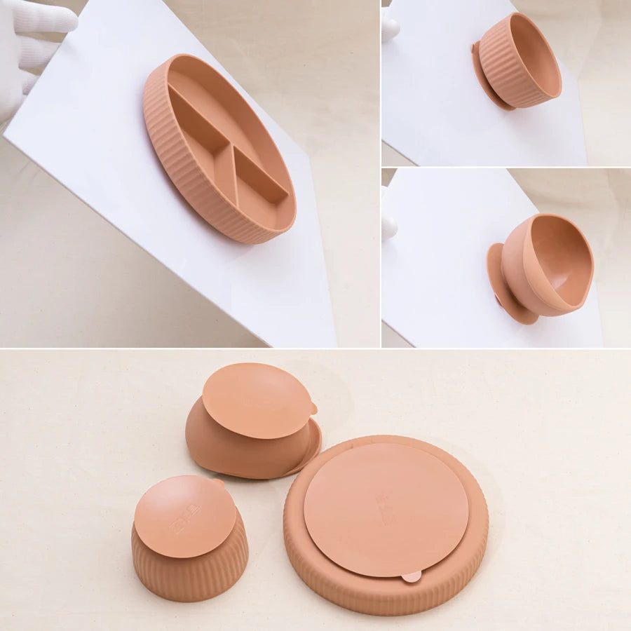Baby Silicone Cookware Feeding Plate Bowl Set Non-Slip Suction Food Dishes Drinking Cup BPA Free Fork Spoon Children's Tableware