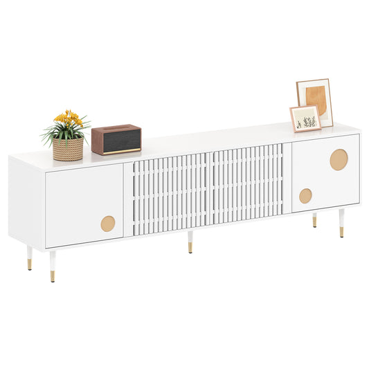 TV Cabinet, TV Stand With Lattice Structure, Hidden Handles, Gold Decor. Living Room Furniture. Two Solid Wood Doors