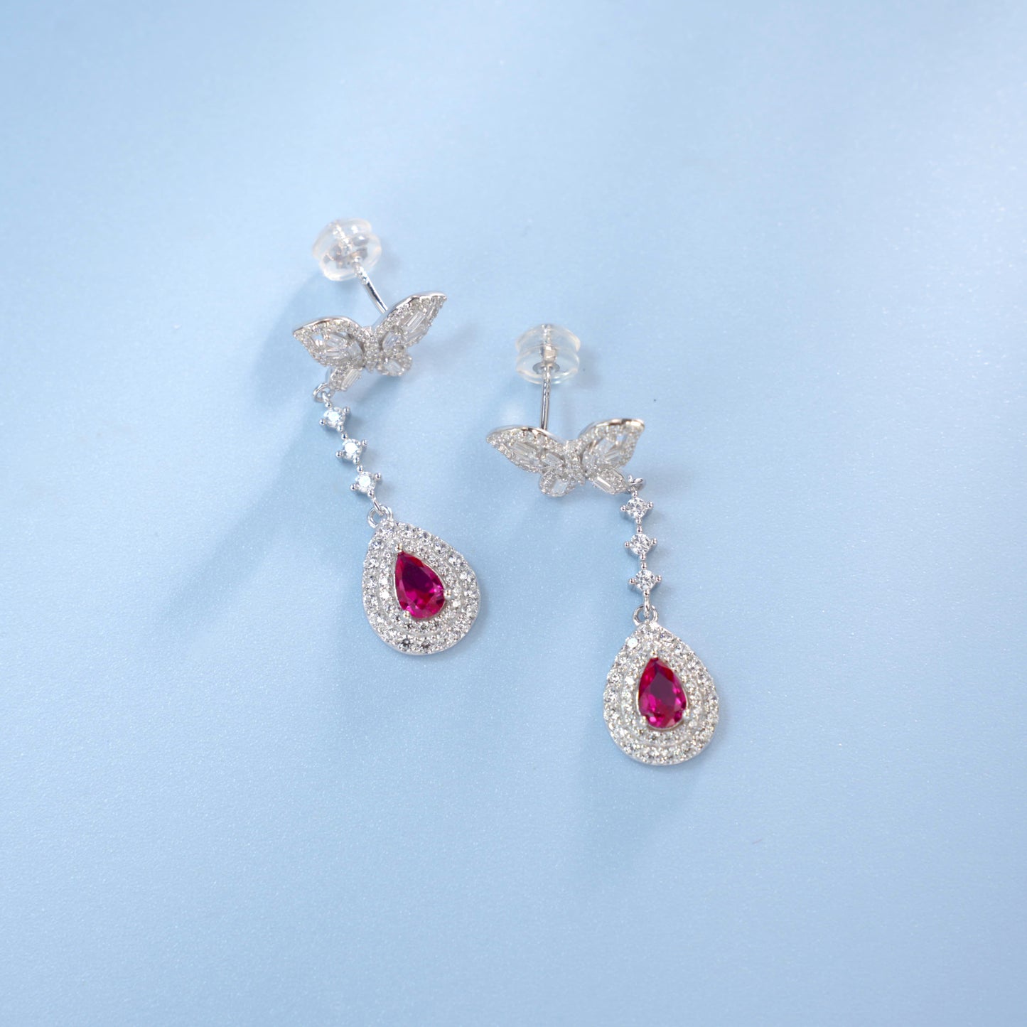 S925 Sterling Silver Bowknot Dangle Earrings, 6x4mm Pear Lab-Grown Ruby Sapphire Emerald, Platinum Plated 4.5g Women's Jewelry Gift Box