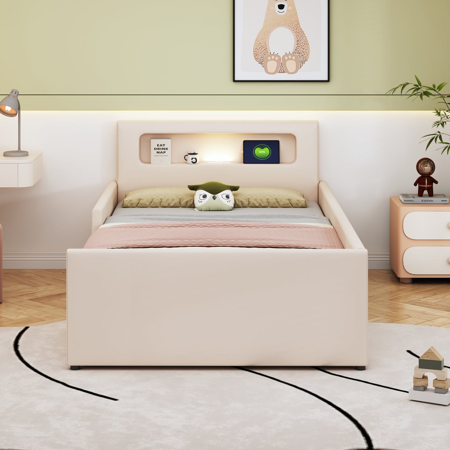 Upholstered Bed Children's Bed 90X200 Cm, With Night Light And USB Charging Port, With Storage Compartments, Raised Side Panels For Security, Simple Single Bed, Boy And Girl Bed, Faux Leather Fabric,