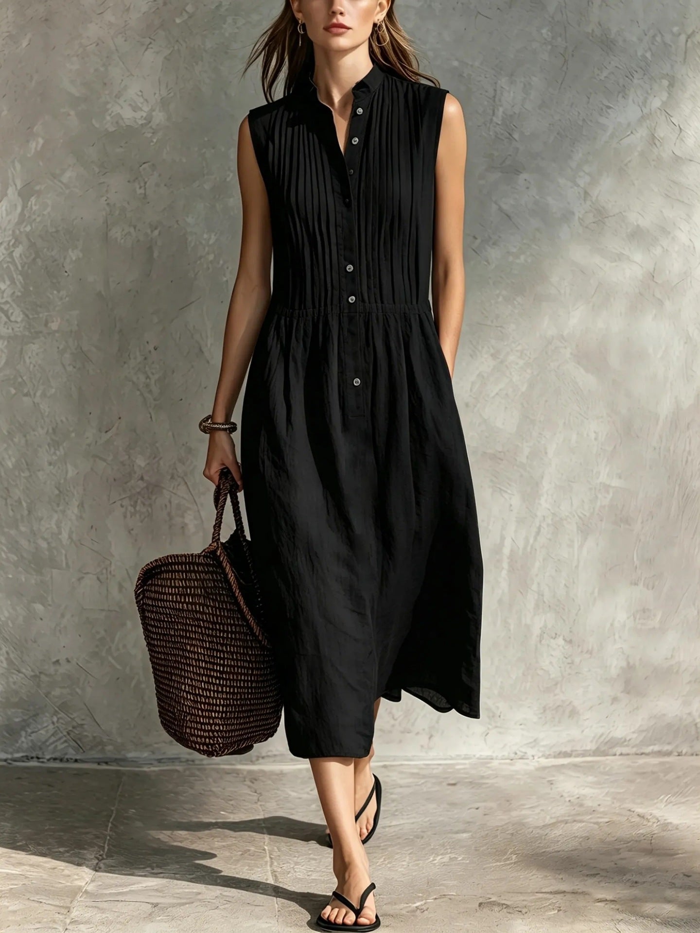 Womens Fashion Simple And Elegant Sleeveless Single-breasted Dress