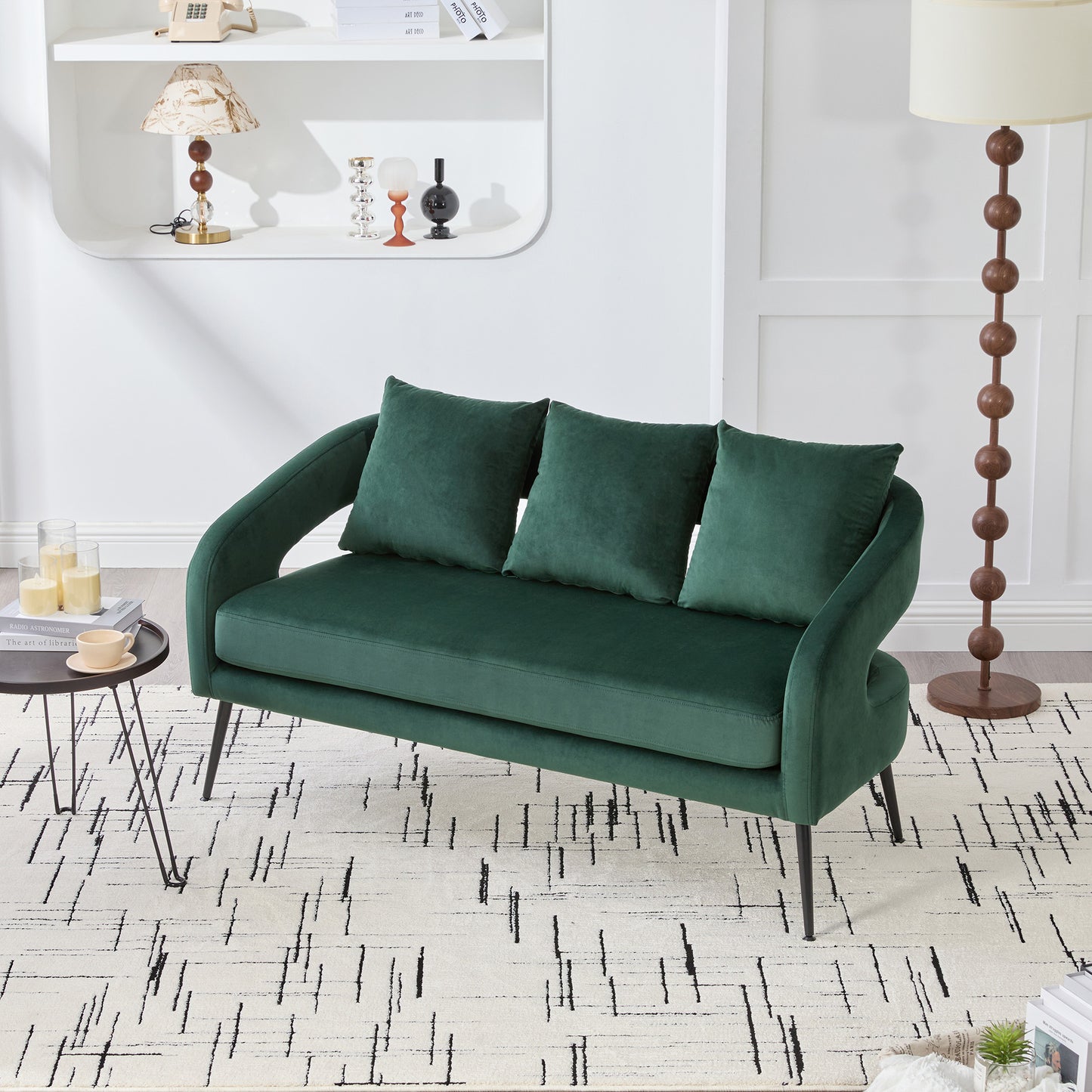 53.7 Modern Upholstered Velvet Open Back Loveseat Settee With 3 Pillows, Small Comfy Sofa 2-Seater Mini Sofa For Small Space With Metal Legs, Living Room Bedroom Office Dorm Studio Apartment, Green