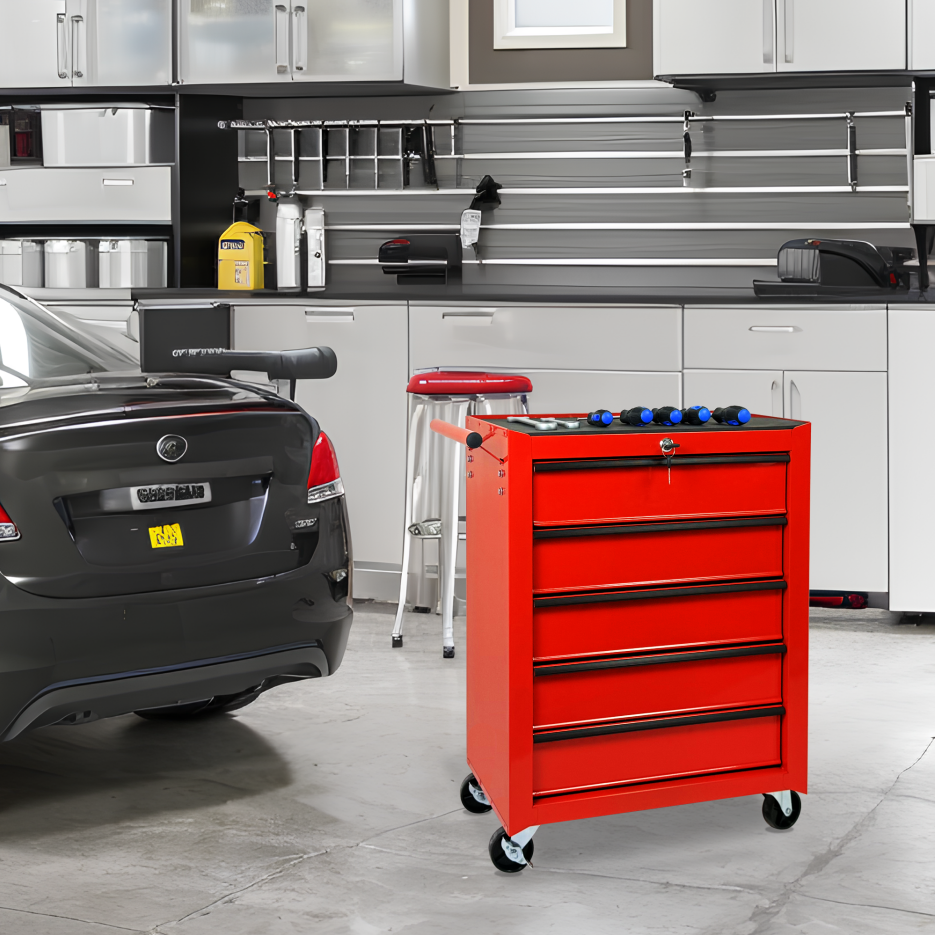Rolling Metal Tool Chest With 5 Drawers, 20inch 5-Drawer Tool Chest Cabinet With Ball Bearing Drawer Slides, Steel Tool Storage Box Organizer-RED