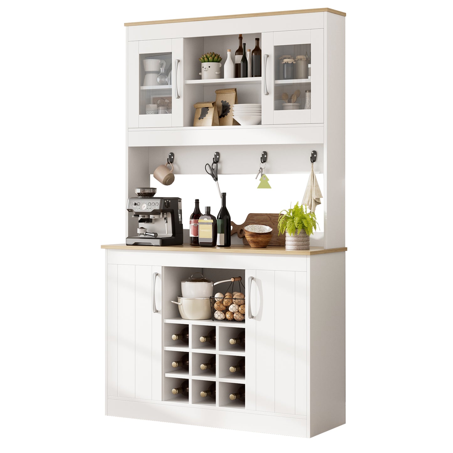 Kitchen Buffet Cabinet With Attachment 175 Cm, Kitchen Cabinet With Glass Doors, Wine Rack And Hook Rack, Large Dish Cabinet Pantry Cabinet Kitchen Cabinet For Kitchen Dining Room Living Room