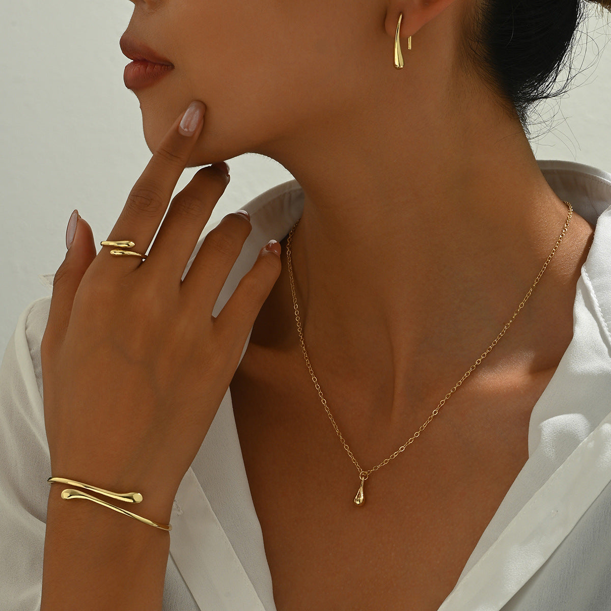 Minimalist Dainty Korean Style Jewelry Set For Women, Teardrop Design Earrings Necklace Adjustable Open Ring & Bangle, Versatile Daily Fashion Jewelry