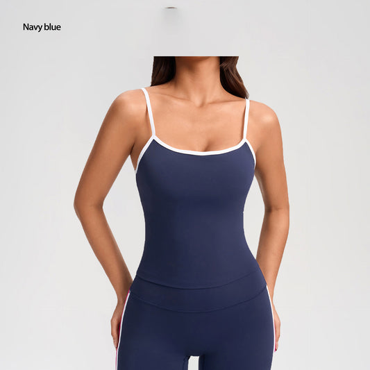 Uropean And American Fashion Color-block Sports Bra With Padding, Women's Backless Workout Tank Top With Built-in Bra