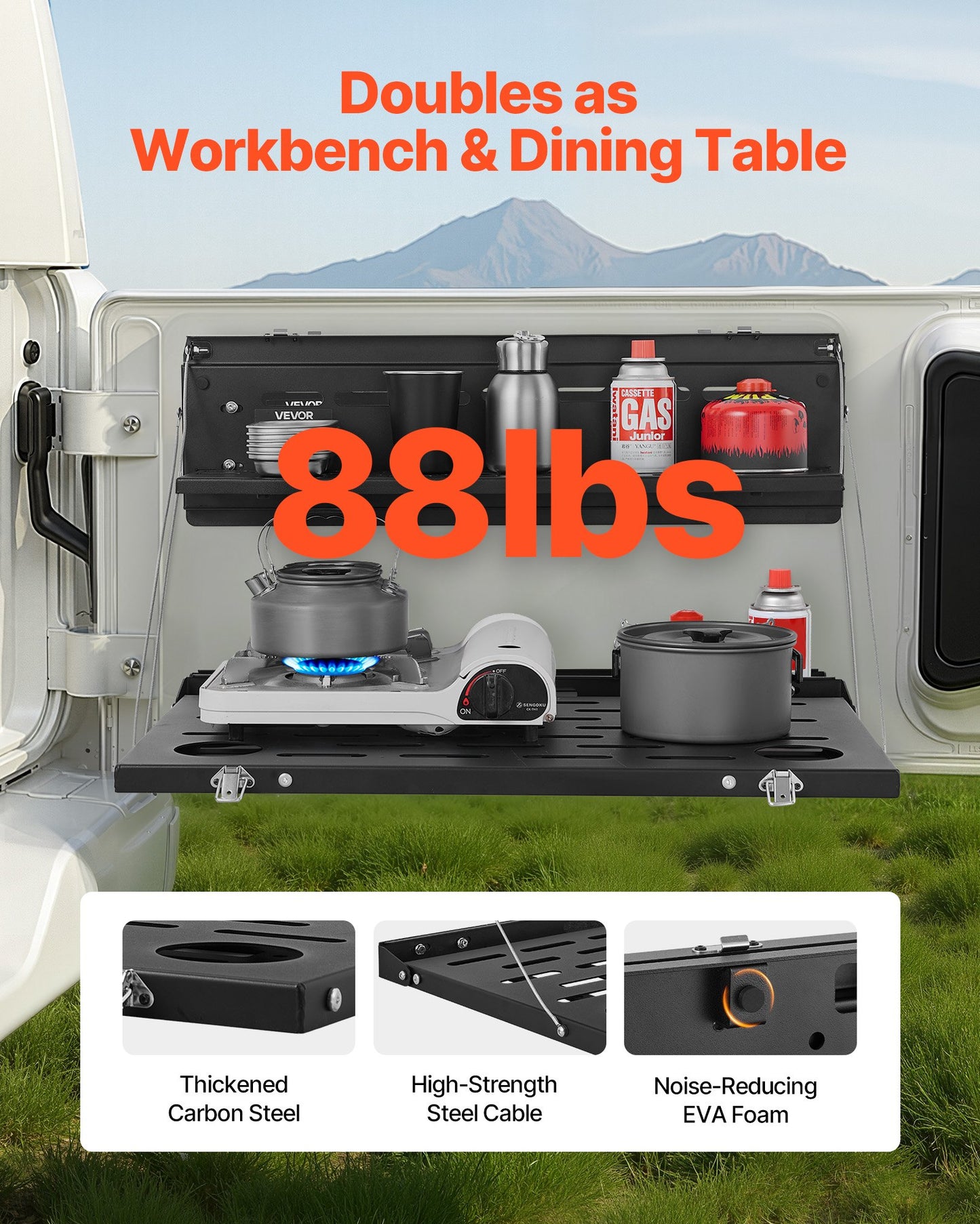 Tailgate Table, For 2021-2025 Ford Bronco, 88 Lbs, Carbon Steel Foldable Molle Panel Double-Layer Drop Down Table, Rear Door Cargo Storage Rack Shelf Luggage Holder Carrier Camping Accessories