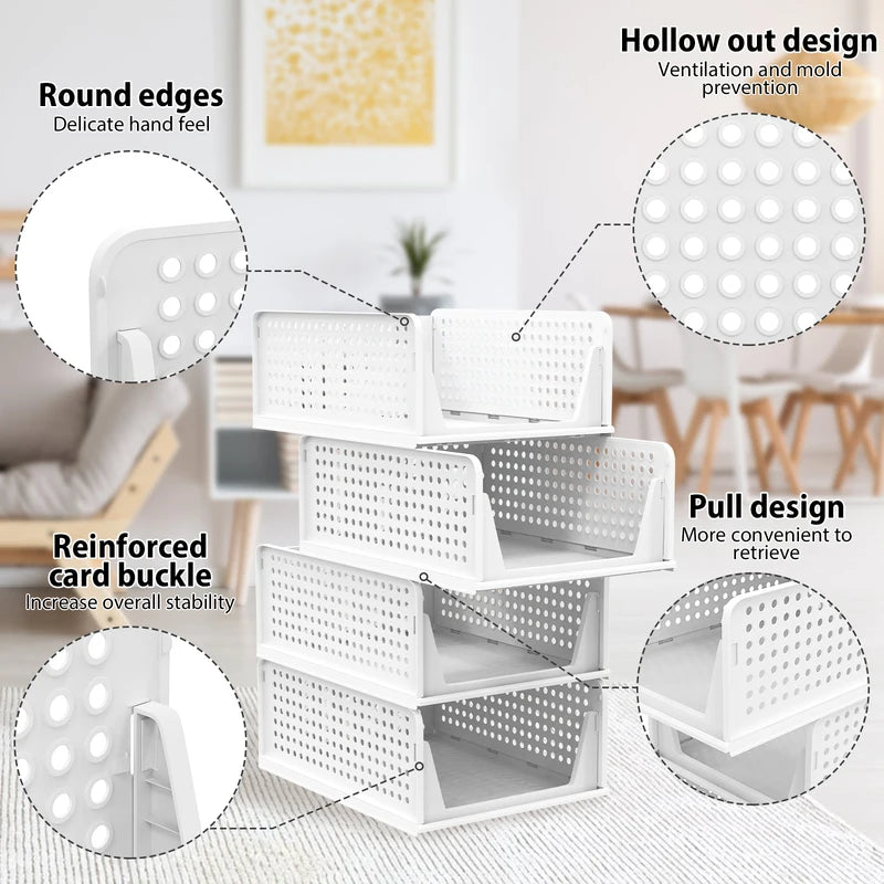 4-Pack Stackable Foldable Storage Drawers - White Large Capacity Closet Organizers for Bedroom, Kitchen, Home Plastic Bins