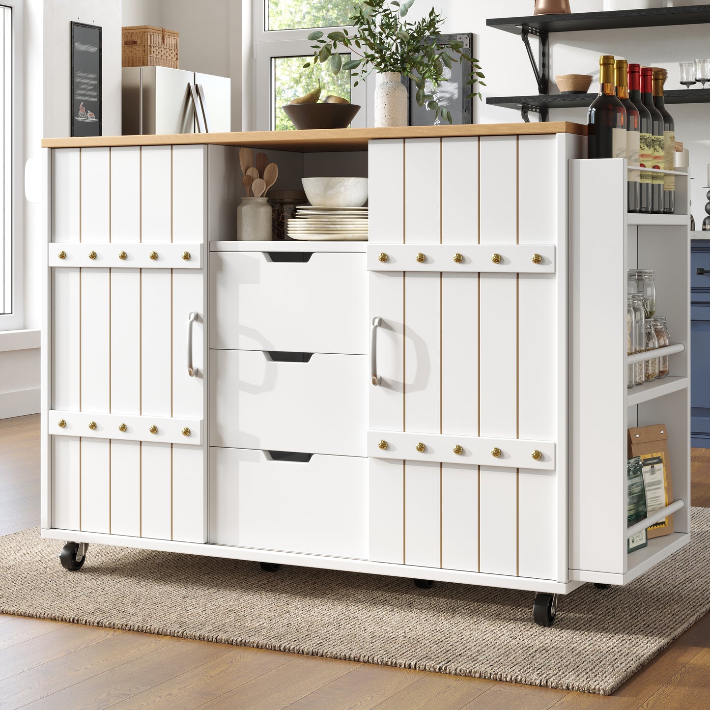 Kitchen Cabinet, Serving Trolley With Wood Grain, Kitchen Trolley With Castors And Worktop, Kitchen Trolley With Spice Rack And Towel Rail, Kitchen Island With Sliding Doors And Drawers, White