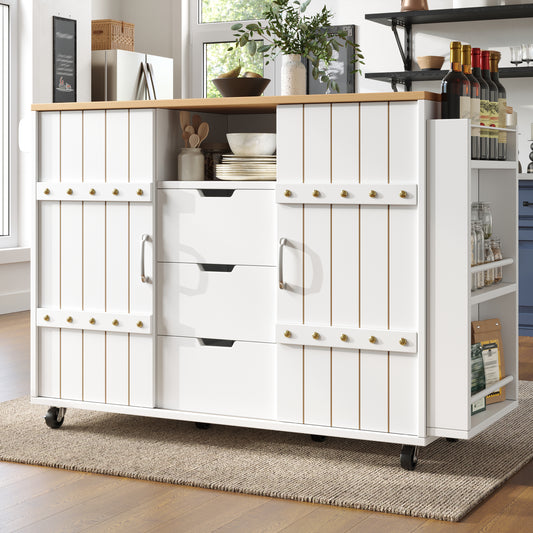 Kitchen Cabinet, Serving Trolley With Wood Grain, Kitchen Trolley With Castors And Worktop, Kitchen Trolley With Spice Rack And Towel Rail, Kitchen Island With Sliding Doors And Drawers, White