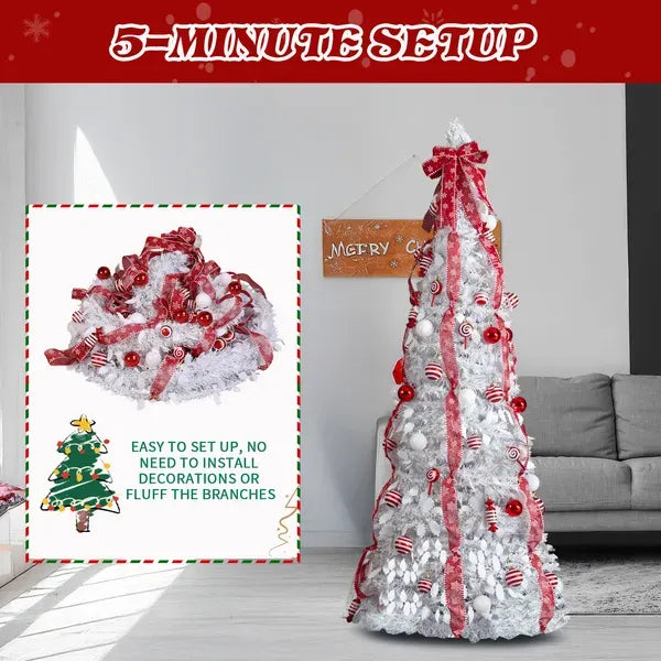 6 FT Fully Decorated Pre-lit Christmas Tree, Pop Up Artificial Xmas Tree With 100 Warm Lights And Red Ornaments For Home Office Store Holiday Deco, White