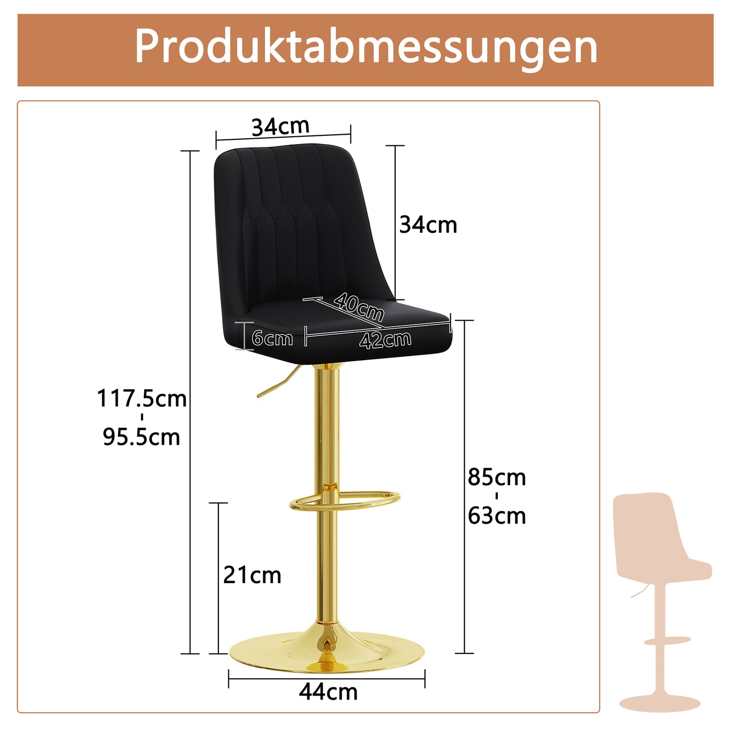 Height-adjustable Bar Stool In Set Of 2, 360  Swivel, Backrest With Black PU Leather And Quilted Pattern, Legs Made Of Golden Metal. Suitable For Kitchen Islands And Bar Counters.