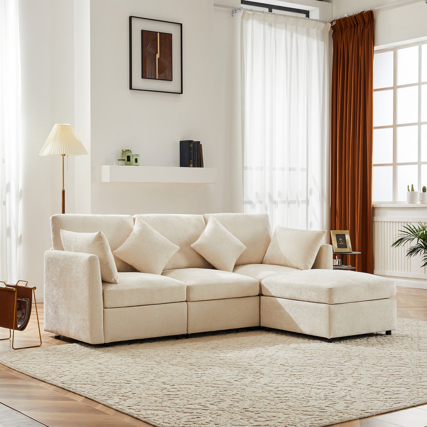 L-shaped Corner Sofa, Convertible To 3-seater, Modular Design, With Movable Footstool And 4 Chenille Cushions, Ideal For Living Room, Apartment And Office, Beige, With Video