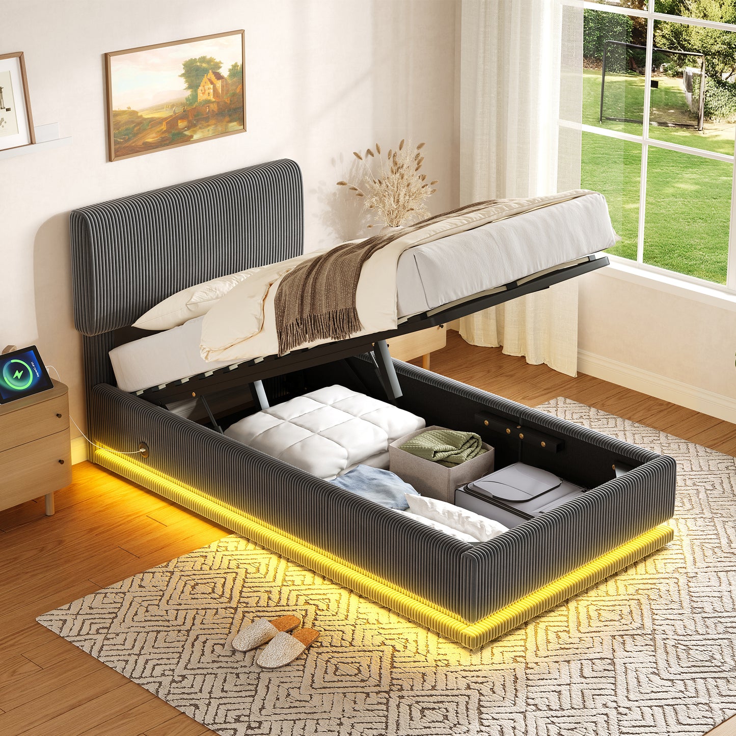 Modern Upholstered Beds With LED Lighting And USB-C Charging Function, Height-adjustable Headboard, Corduroy Fabric, Sturdy Slatted Frame, Large Underblanket Storage Space And Comfortable Upholstered