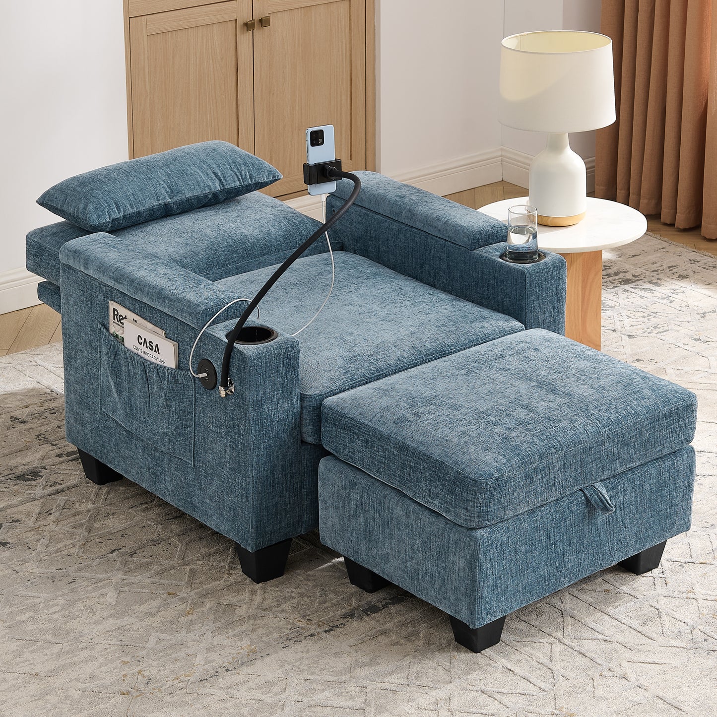 Single Sofa Recliner With Manually Adjustable Backrest, USB Charging Port On The Armrest Side, Phone Stand Included, Hidden Armrest Storage, And A Matching Storage Ottoman-Blue