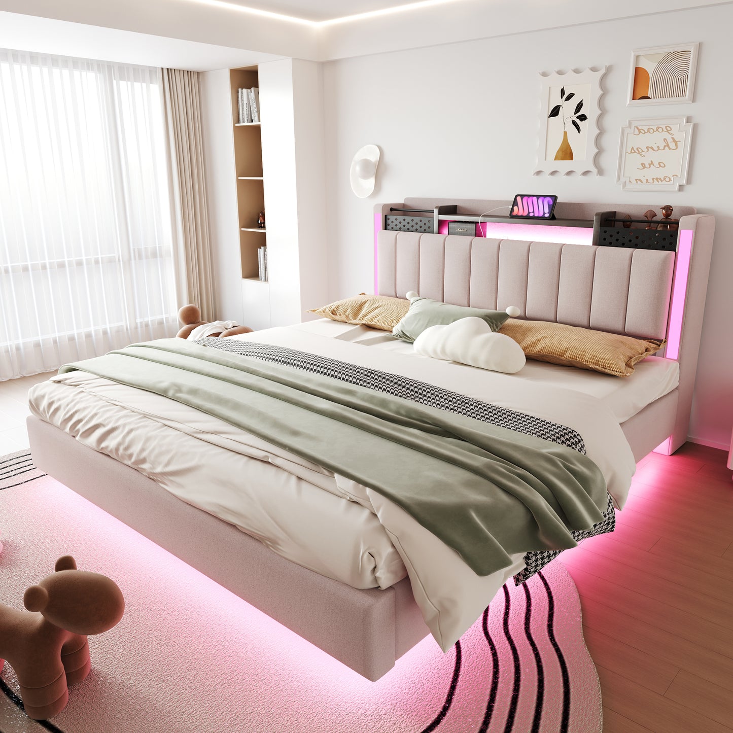 Upholstered Bed 160x200 With LED Lighting And USB Socket, Headboard With Storage Space, Floating Bed Youth Bed Adult Bed, Linen Fabric, Beige