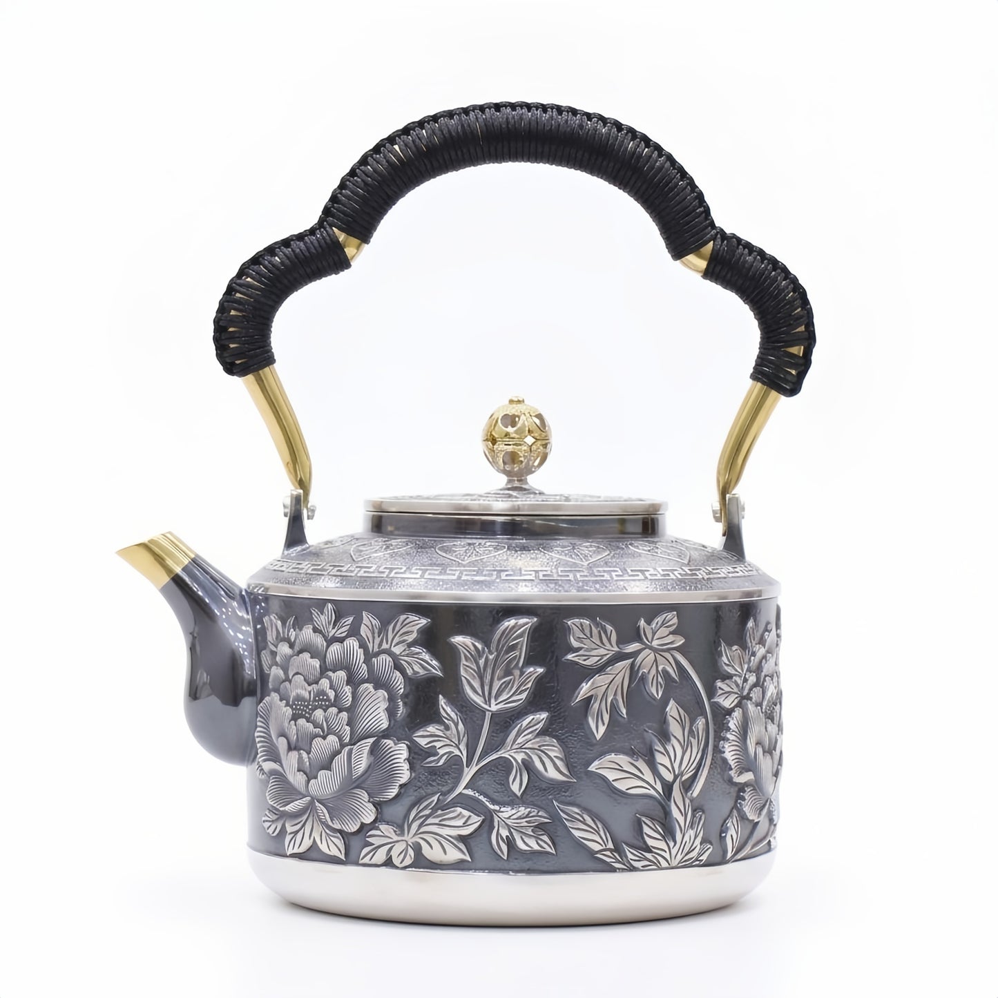925 Sterling Silver Elegant Handcrafted Floral Embossed Stainless Steel Traditional Tea Kettle-Premium Oil Press Kettle - Handicraft
