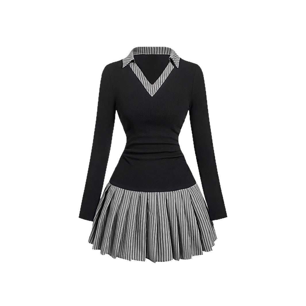 Korean-Style Preppy Striped Patchwork Two-Piece-Look Dress