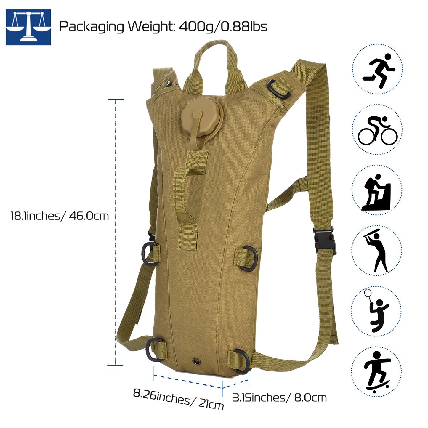 1Pc 3L Tactical Hydration Pack  Water Bladder Adjustable Water Drink Backpack For Hiking Cycling Climbing Running