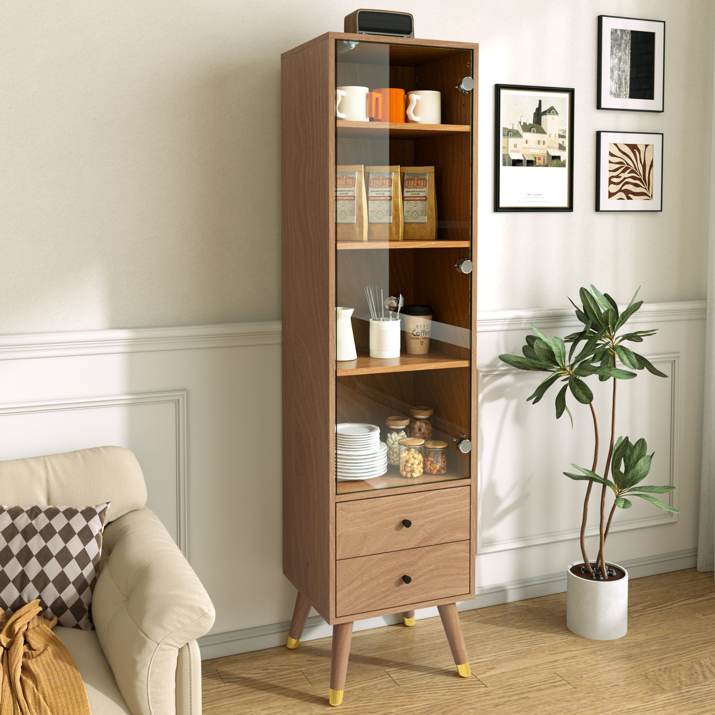 Modern Tall Cabinet With Glass Door, Display Cabinet With Adjustable Shelves And 2 Drawers, Floor-standing Cabinet For Living Room, Bathroom & Office In Wood Look