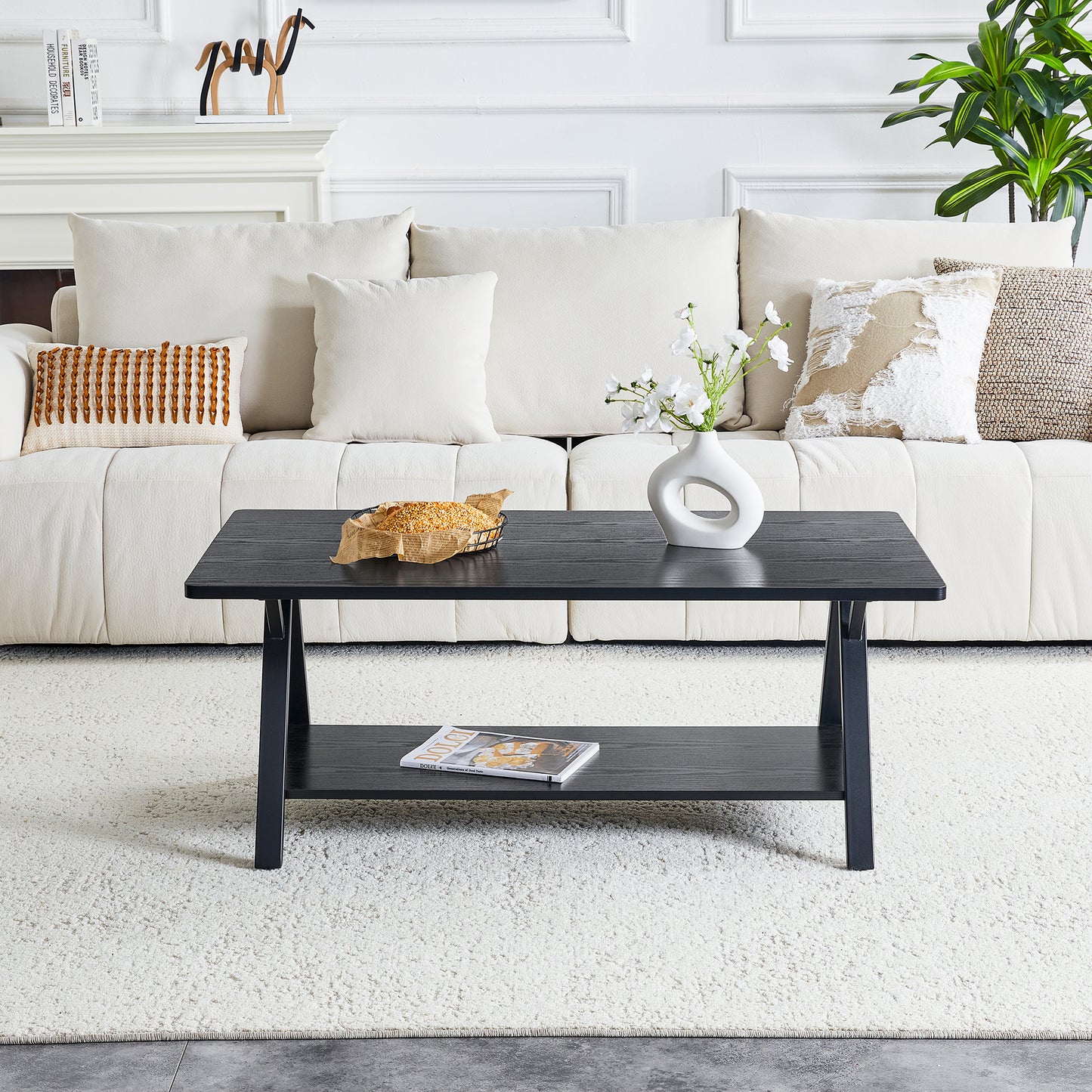 Modern Industrial Coffee Table With Storage Shelf, Black Wood Grain And Metal Frame, 110x57x44.5cm, Contemporary Living Room Table For Home Office, Apartment And Small Spaces