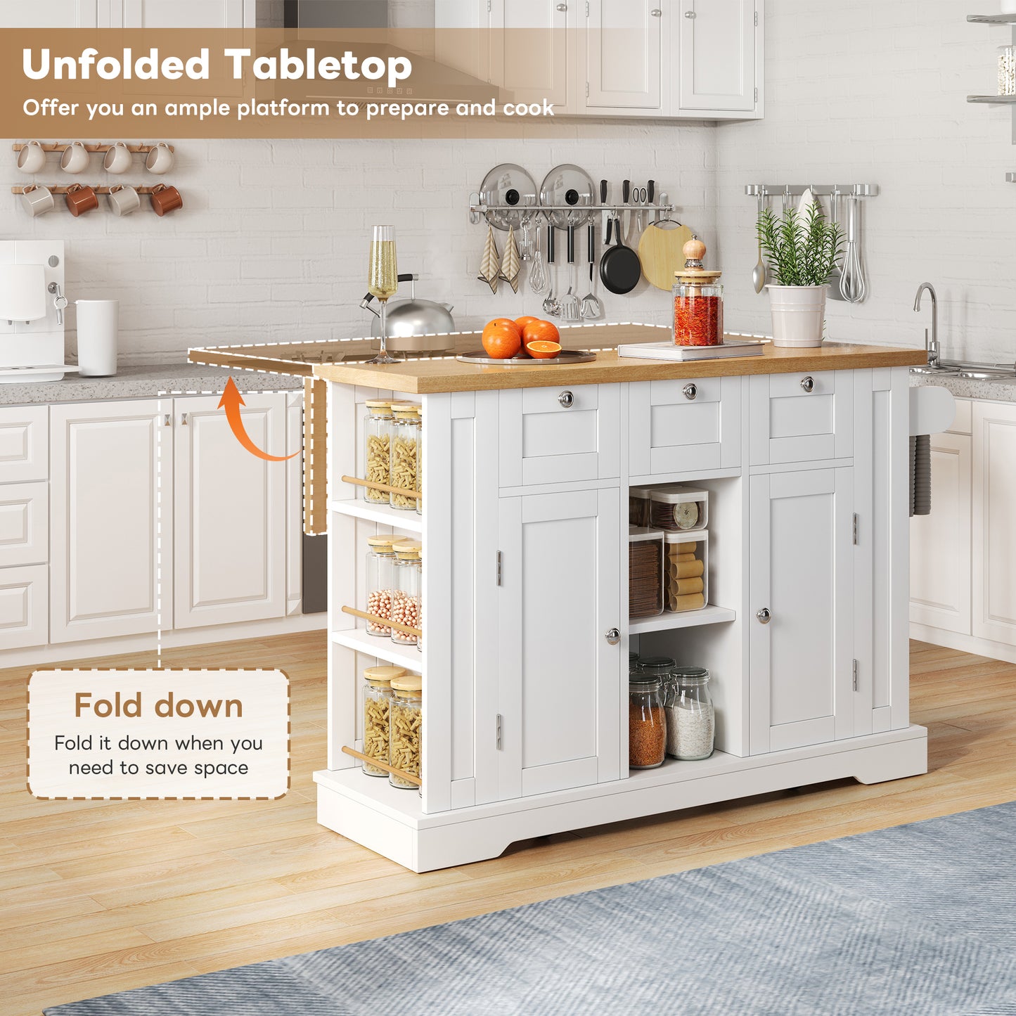 132cm Kitchen Island On Wheels, Dropleaf  Trolley, Farmhouse Style, Foldable Countertop, Drawer, Spice Rack, Towel Holder, 5 Wheels, Integrated Socket, Charging Station, Kitchen Dining Livingroom