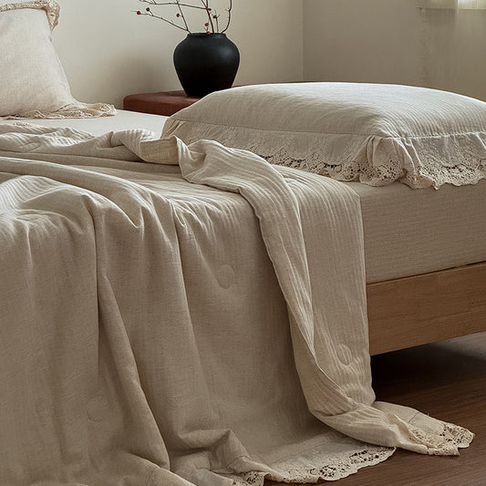 French Herringbone Jacquard Cotton-linen Double Bed Washable Summer Cooling Quilt With Lace Trim