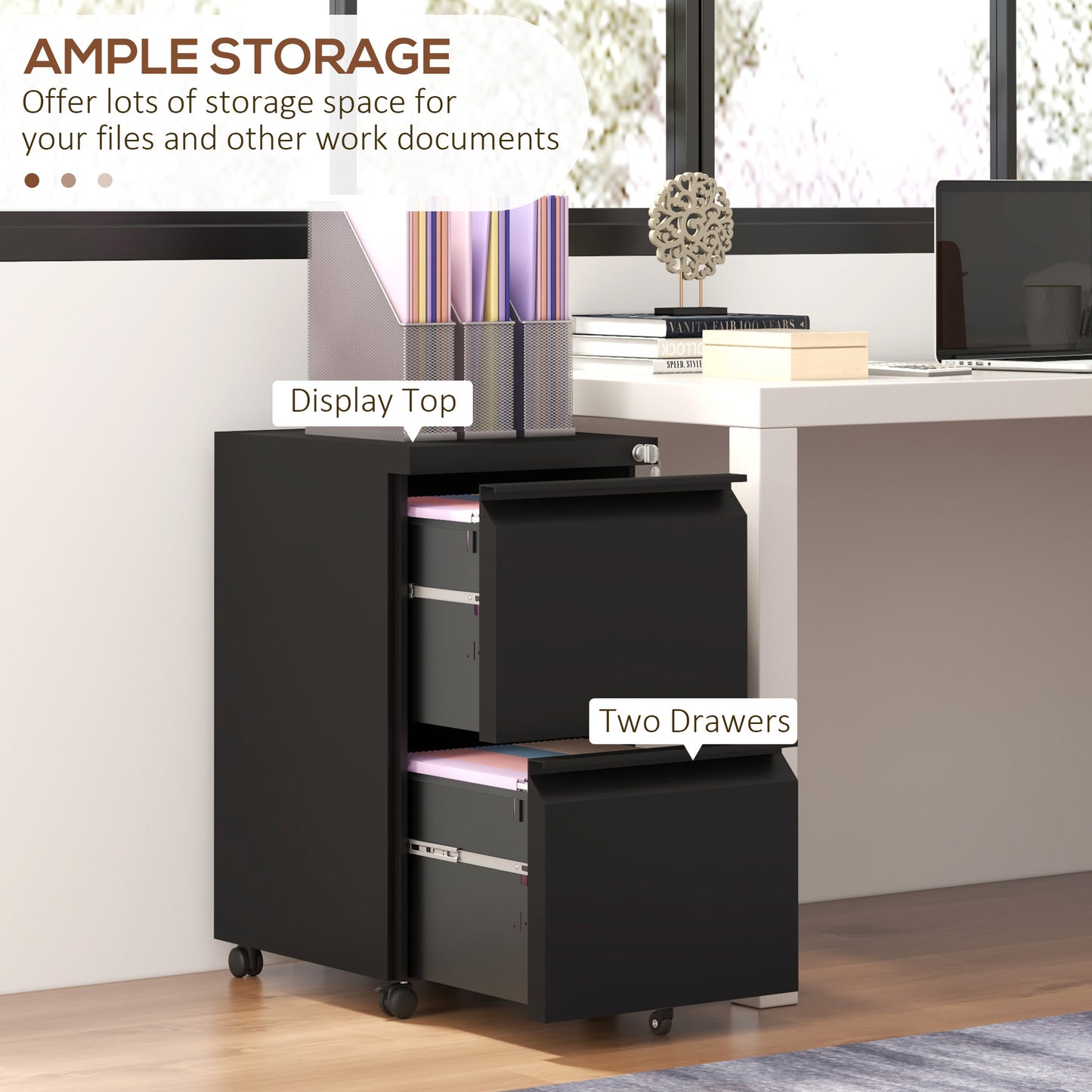 Vinsetto 2-Drawer Mobile Filing Cabinet, Steel Lockable File Cabinet For Letter, A4 And Legal Size, Pre-Assembled Body, Black