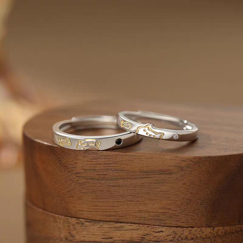 1 Pair 999 Sterling Silver Cat & Dog Couple Rings, Cute Two-Tone Design, Suitable For Daily Wear & Valentine's Gifts