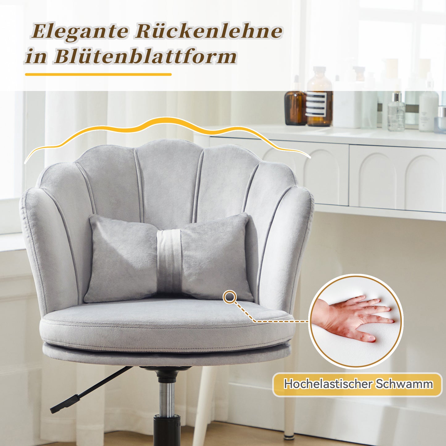 Modern Design Dressing Chair, Office Chair, Petal-shaped Backrest, Butterfly-shaped Lumbar Cushion, Height Adjustable, Soft Seat Cushion.Suitable For Living Room, Bedroom, Office, Etc.