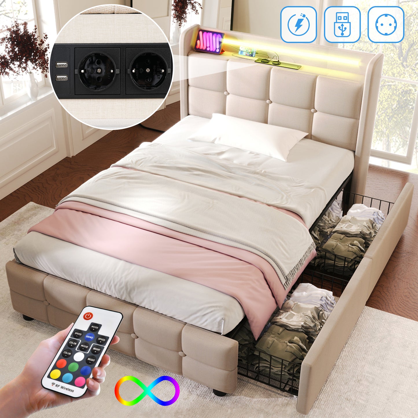 Upholstered Bed With Charging, USB Charging Function, Headboard And LED Lighting And 2 Drawers, Single Bed 90x200cm, Storage Beds, Bed Frame, Wooden Slatted Base, Beige  Without Mattress