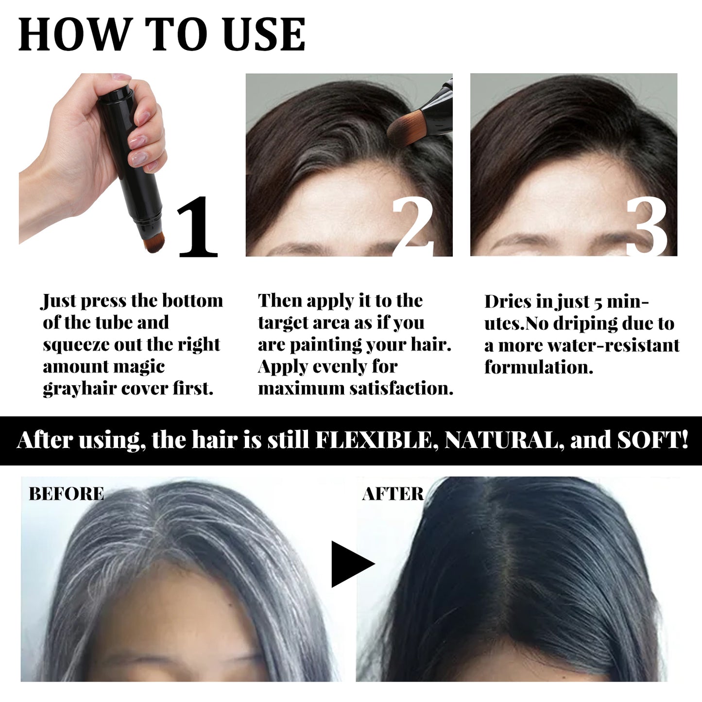 EELHOE Disposable Plant Hair Stick, Hair Without Damage Repair Color Black Brown Quick White Hair Cover Stick