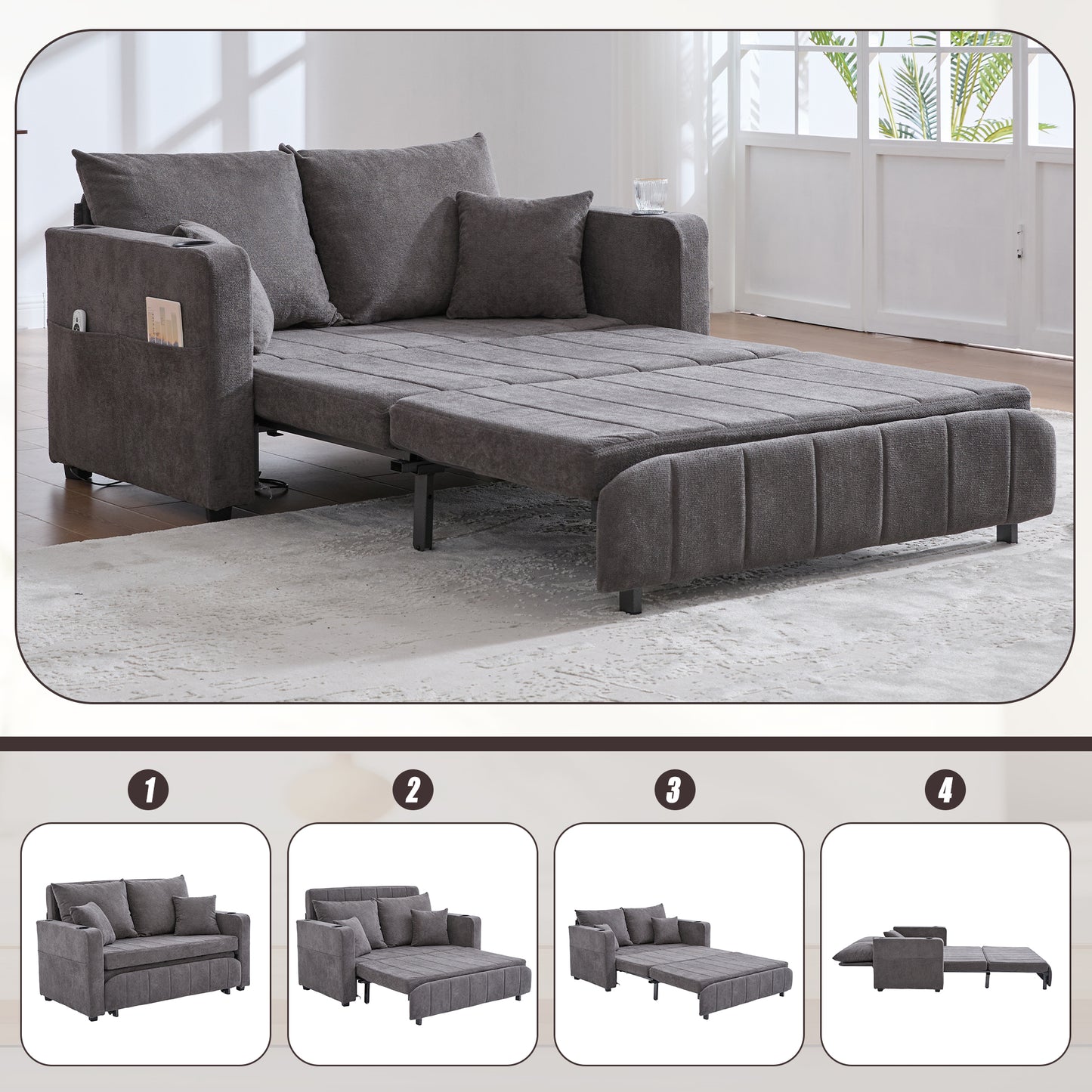 Multifunctional Fabric Sofa, Pull-out Folding Sofa, Usable As A Sofa Or Bed, With Storage Pockets On The Armrests, USB Charging Function And Cup Holders  Grey Chenille Fabric