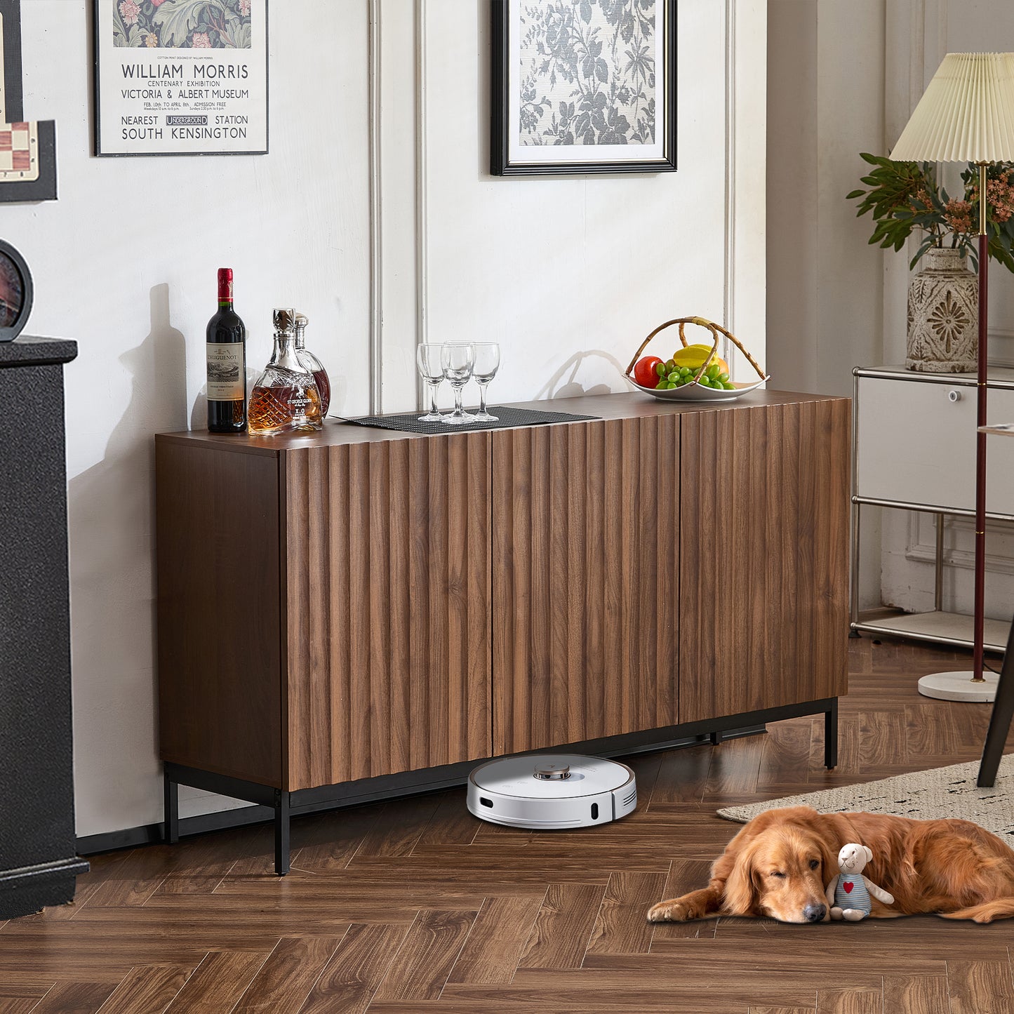 150x40x80cm Oak Dark Grained, Sideboard, Mid-Century Modern Decorative Cabinet, 3 Doors, Wavy 3D Design, Adjustable Shelves, Anti-Tilt Protection-Stylish Storage For Living Room, Dining Room, Office