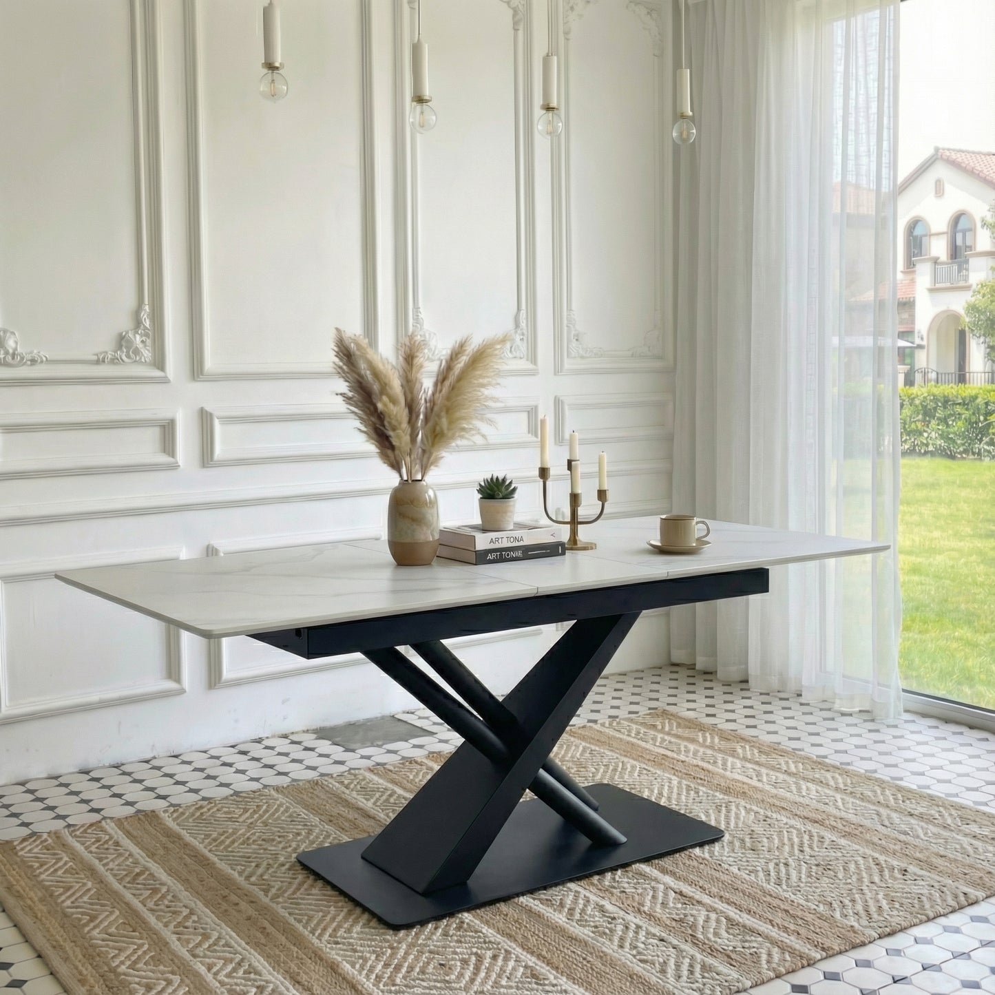 Modern Dining Table With White Marble MDF Veneer Paper Tabletop And Geometric X-Frame Metal Spray-Painted Legs, Sturdy Metal Base For Contemporary Kitchen Or Dining Room  White Marble, 1 Table
