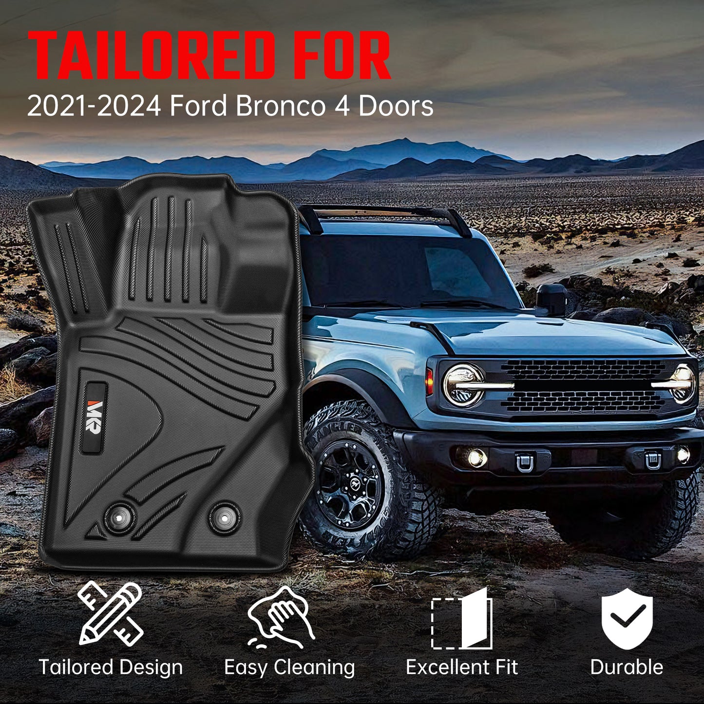 MKR Car Floor Mats For 2021-2023 Ford Bronco 4 Doors 3D TPE All-Weather Floor Mats - Full Set Interior Car Accessories All-Weather Not Fit 2 Doors Version
