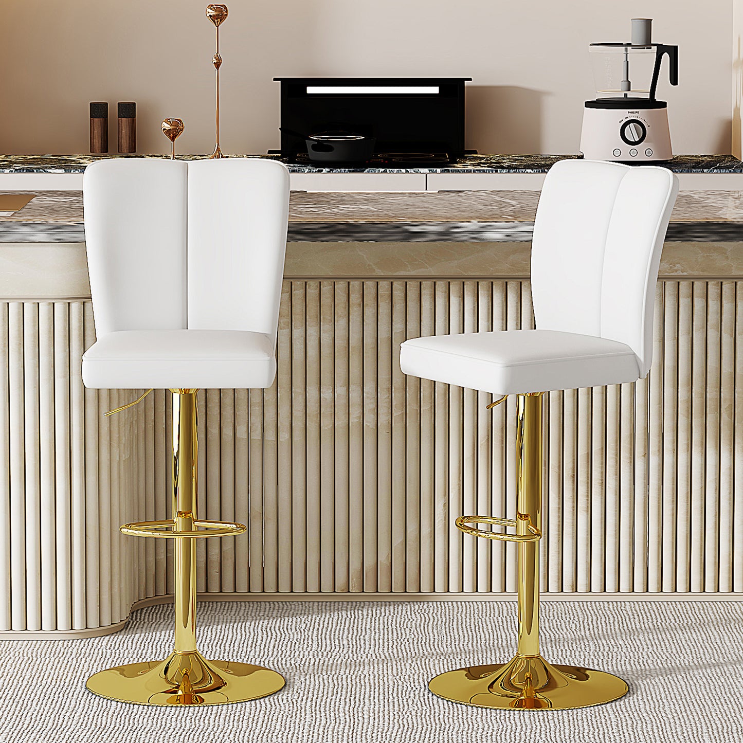 Height-adjustable Bar Stool In A Set Of 2, Can Be Rotated 360 . Luxurious Bar Stool In White And Gold Design Made Of Water-repellent PU Leather, Suitable For Kitchen Islands. Various Colors Available.