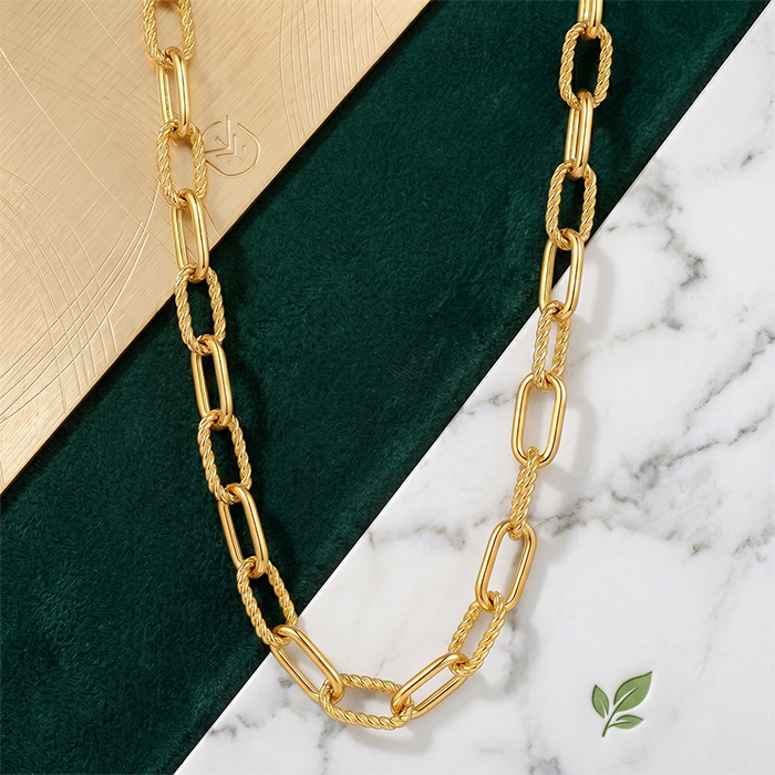 2Pcs Chunky Paperclip Chain Jewelry Set For Women, 18K Gold Plated Stainless Steel Thick Twist Rope Link Necklace Bracelet Combo, Statement Gift Set