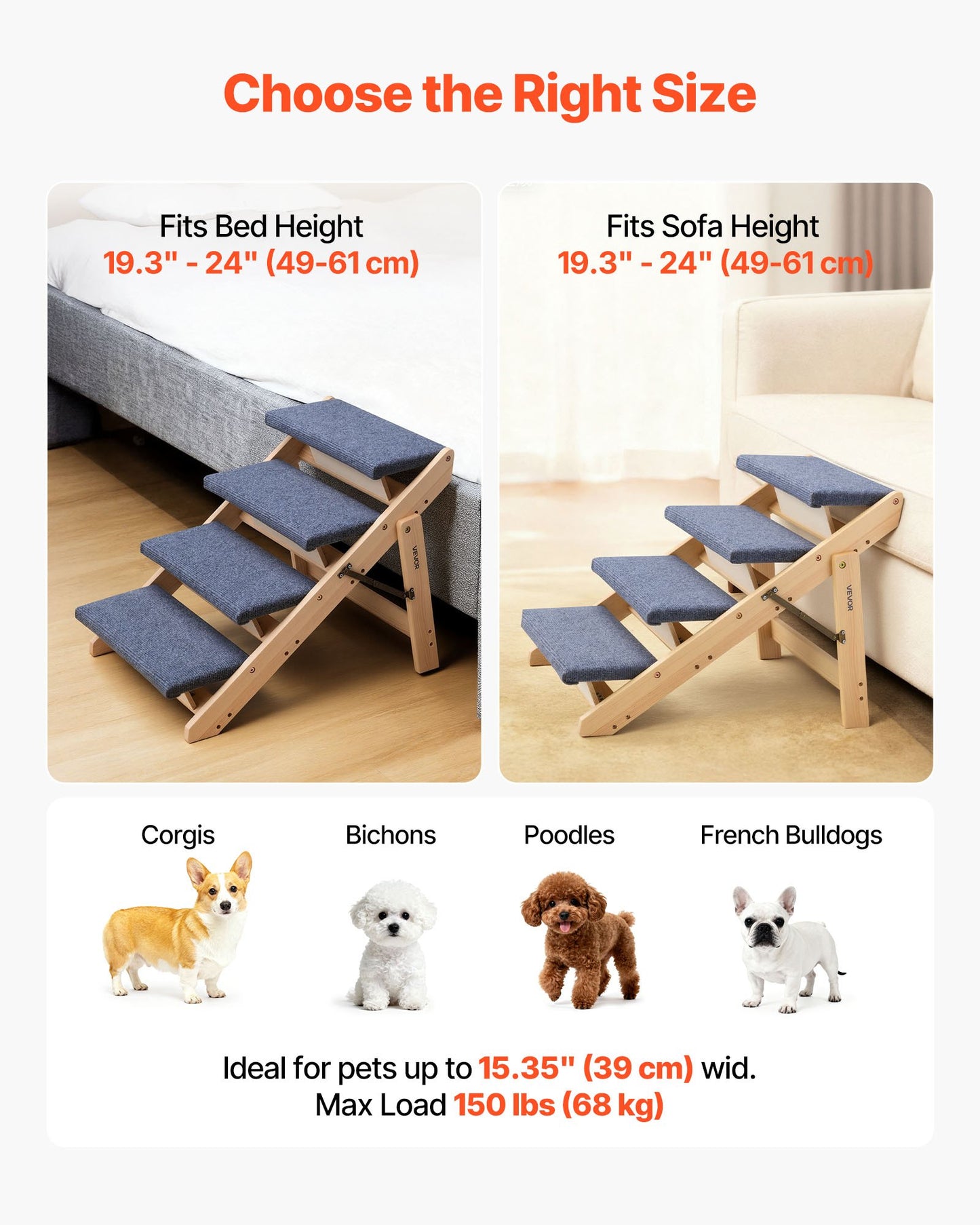 Wood Pet Stairs, 4-Step Dog Stairs For Beds, Sofa & Cars, 150lbs Load Capacity, Floded Flat Design, Stable & Sturdy Cat & Dog Step Ladder For Small Medium Large Older Pet Puppy Essentials